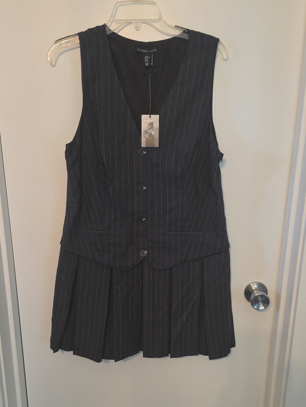 Sincerly Jules Black Pinstripe Vest Pleated Mini Dress